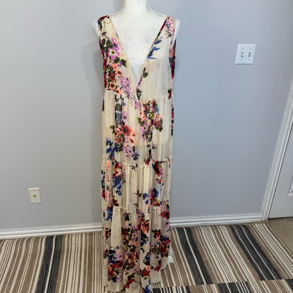 Raga Maxi Dress Womens Medium Cream‎ Floral Sheer Boho Tiered Sleeveless Summer